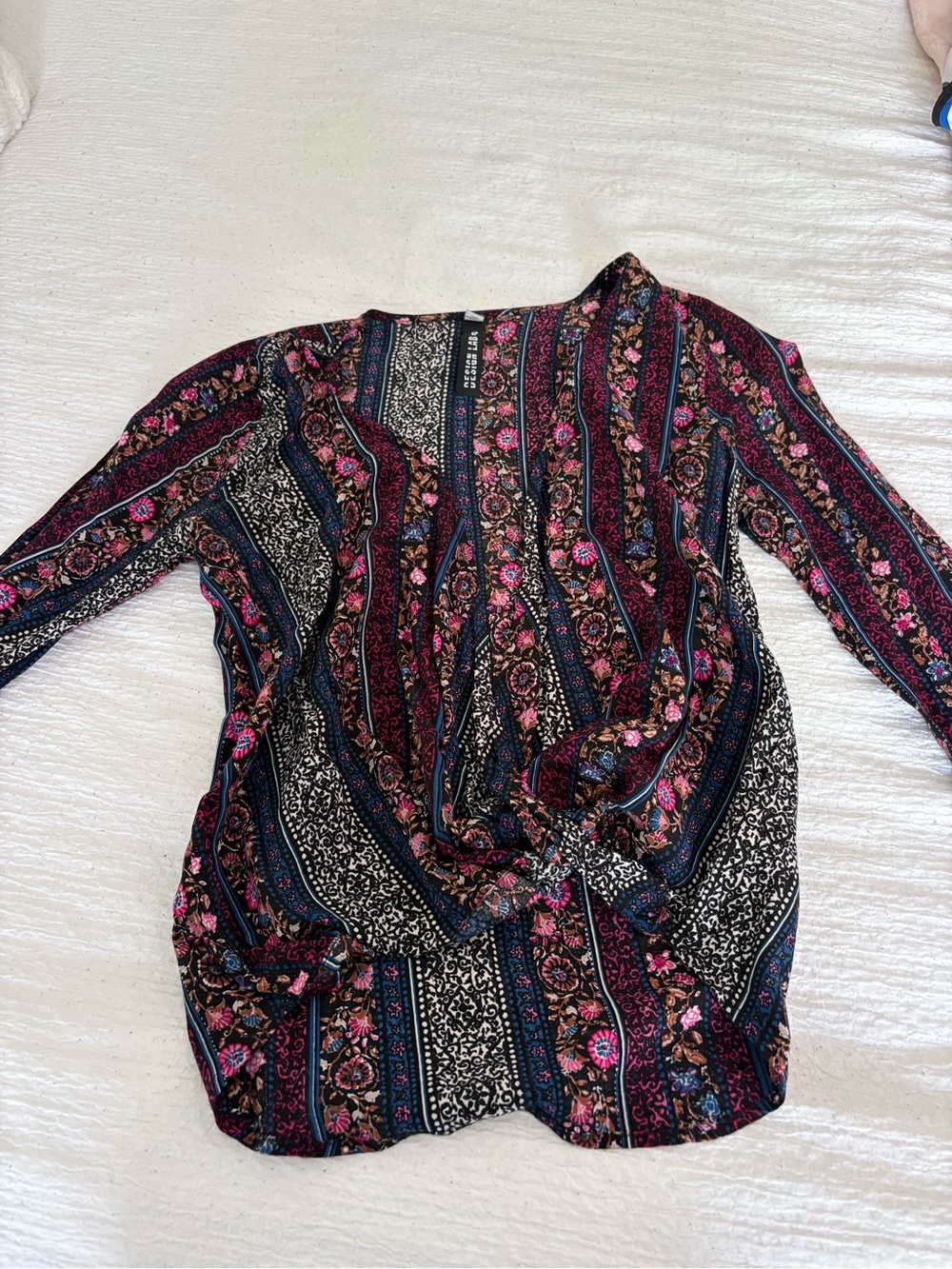 Design Lab Lord & Taylor Striped Floral Knot-Front Top - Pink, Navy, Black